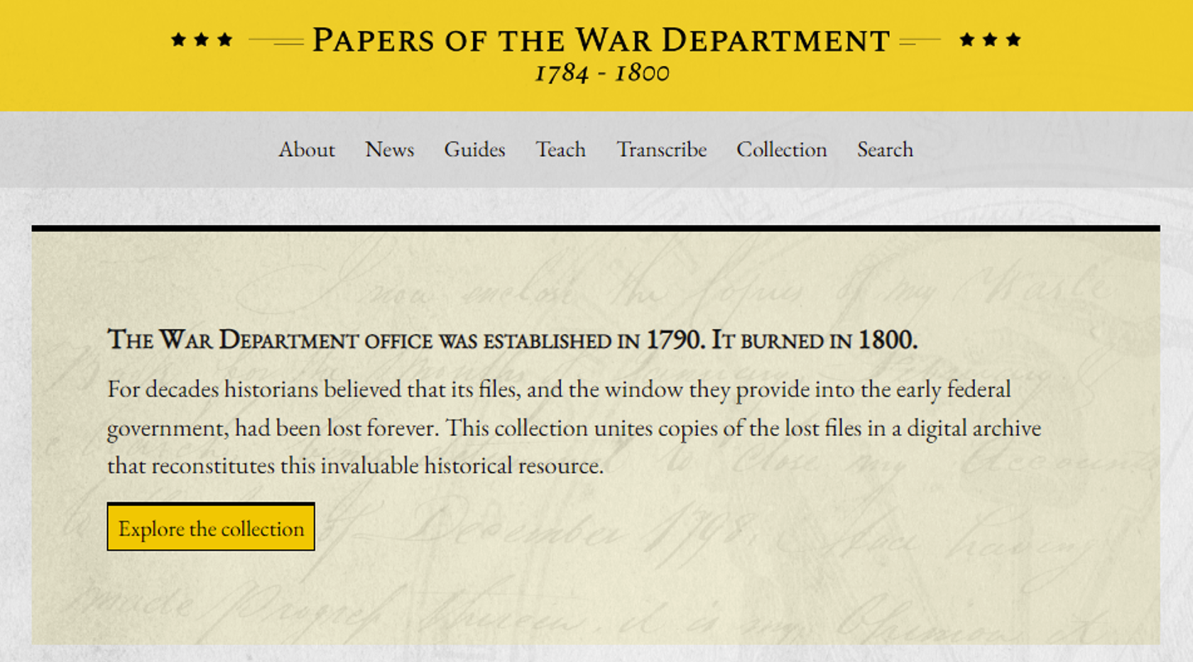 Figure 1. Papers of the War Department Omeka S site