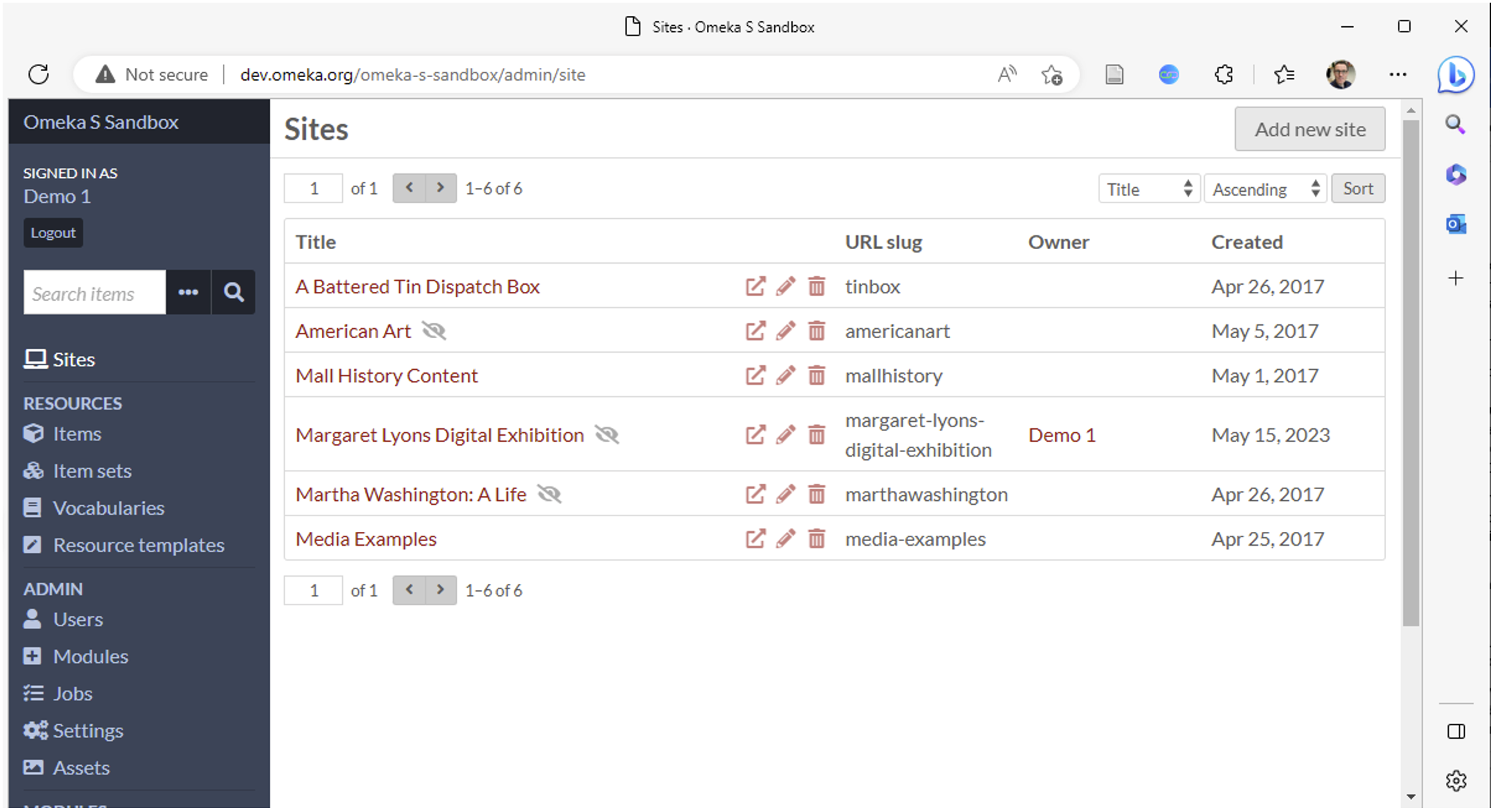 Figure 3. Sites hosted on the Omeka S sandbox.