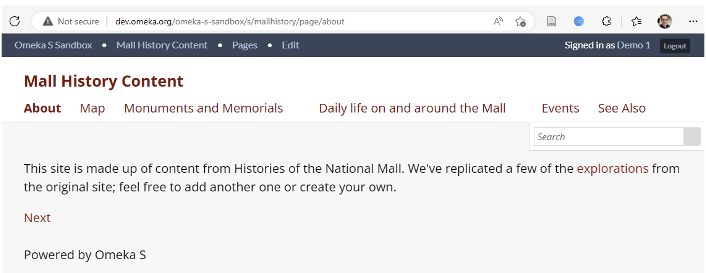 Figure 4. Mail History site hosted on the Omeka S sandbox.