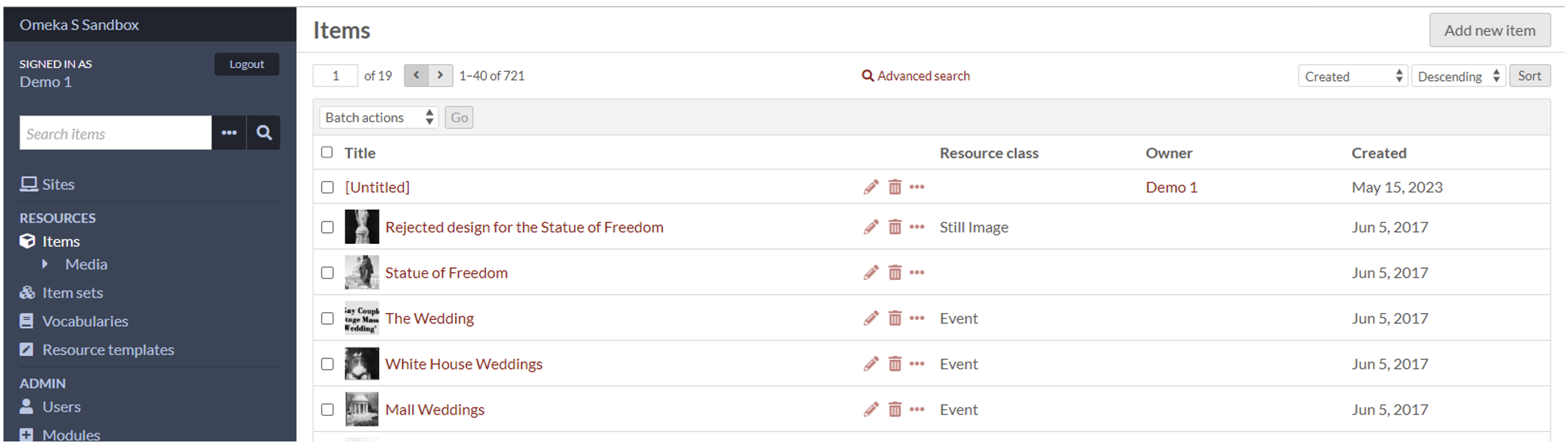 Figure 5. Items in the Omeka S sandbox