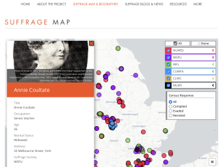 Screenshot of the map if women's suffrage Omeka site by Tara Morton