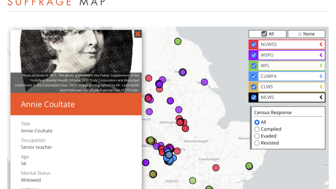 Screenshot of the map if women's suffrage Omeka site by Tara Morton